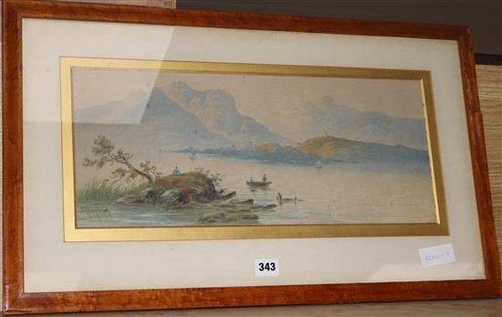 W. Earp, watercolour, lake scene, signed, 20 x 49cm